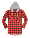 Darrahopens Men's Fashion > Shirts Mens Cotton Flannelette Shirt w Jersey Hood Long Sleeve Flannel - Red/Black - S