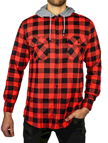 Darrahopens Men's Fashion > Shirts Mens Cotton Flannelette Shirt w Jersey Hood Long Sleeve Flannel - Red/Black - S