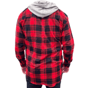 Darrahopens Men's Fashion > Shirts Mens Cotton Flannelette Shirt w Jersey Hood Long Sleeve Flannel - Red - XL