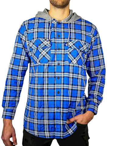 Darrahopens Men's Fashion > Shirts Mens Cotton Flannelette Shirt w Jersey Hood Long Sleeve Flannel - Spanish Blue - M