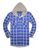 Darrahopens Men's Fashion > Shirts Mens Cotton Flannelette Shirt w Jersey Hood Long Sleeve Flannel - Spanish Blue - S