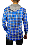 Darrahopens Men's Fashion > Shirts Mens Cotton Flannelette Shirt w Jersey Hood Long Sleeve Flannel - Spanish Blue - S