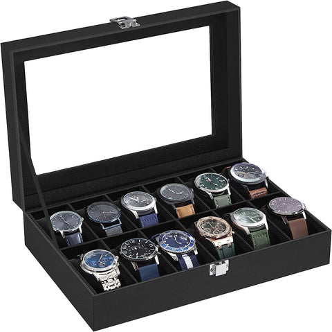 Darrahopens Men's Fashion > Watches SONGMICS 12-Slot Watch Box with Large Glass Lid and Removable Watch Pillows Black Lining