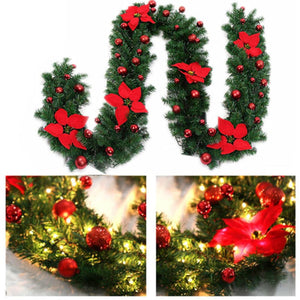 Darrahopens Occasions > Christmas 9FT Red Christmas Garland with LED Light Xmas Artificial Wreath Stairs Rattan Decor