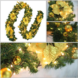 Darrahopens Occasions > Christmas 9FT Yellow Christmas Garland with LED Light Xmas Artificial Wreath Stairs Rattan Decor