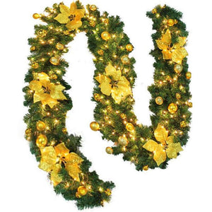 Darrahopens Occasions > Christmas 9FT Yellow Christmas Garland with LED Light Xmas Artificial Wreath Stairs Rattan Decor