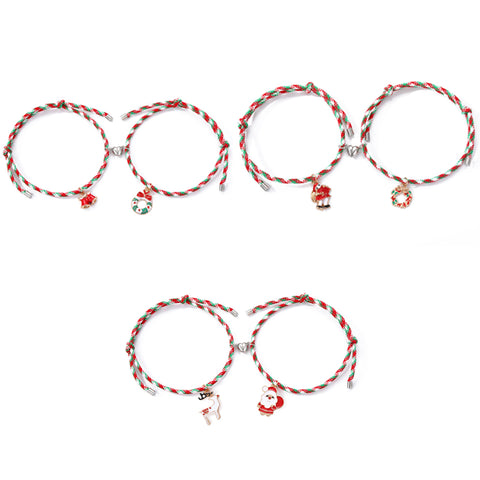 Darrahopens Occasions > Christmas > Christmas Clothing 3 Pairs Cute Couple Bracelets - Magnetic Christmas & New Year Friendship Rope Bracelets with Charms (Adjustable, 9.3g)