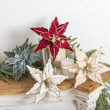 Darrahopens Occasions > Christmas > Christmas Clothing Dazzling 4-Piece 26cm Christmas Poinsettia Flower Set - Red & Gold Glitter Velvet Artificial Flowers for Christmas Tree Decoration & Sprigs