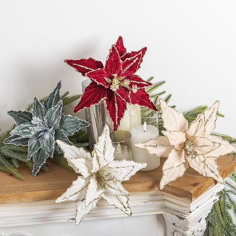 Darrahopens Occasions > Christmas > Christmas Clothing Dazzling 4-Piece 26cm Christmas Poinsettia Flower Set - Red & Gold Glitter Velvet Artificial Flowers for Christmas Tree Decoration & Sprigs