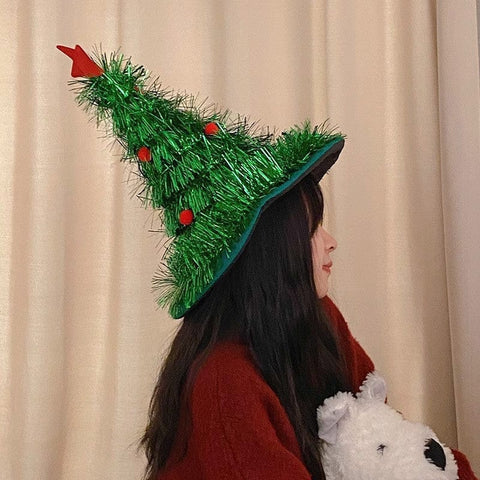 Darrahopens Occasions > Christmas > Christmas Clothing Green Sparkly Tinsel Christmas Tree Hat - Festive Holiday Party Headwear for Adults & Kids