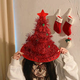Darrahopens Occasions > Christmas > Christmas Clothing Red Sparkly Tinsel Christmas Tree Hat - Festive Holiday Party Headwear for Adults & Kids
