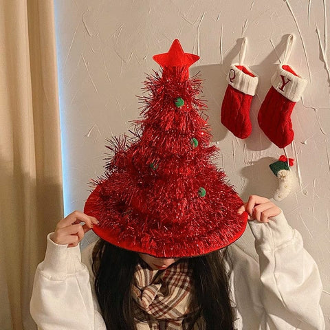 Darrahopens Occasions > Christmas > Christmas Clothing Red Sparkly Tinsel Christmas Tree Hat - Festive Holiday Party Headwear for Adults & Kids
