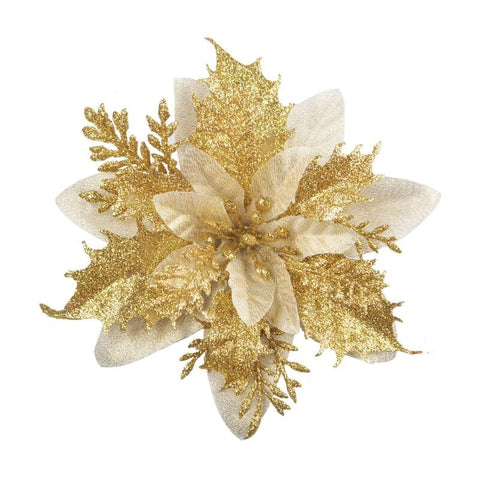 Darrahopens Occasions > Christmas > Christmas Decorations 12 pcs Glitter Christmas Flowers (15Cm) With 12 pcs Artificial Poinsettia For Christmas Tree（Gold）