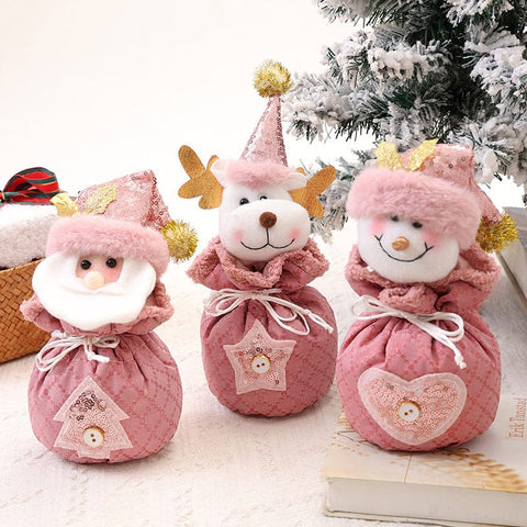Darrahopens Occasions > Christmas > Christmas Decorations 3 Pack Pink Christmas Drawstring Gift Bags Plush 3D Santa Snowman Reindeer Candy Pouches for Holiday Favours