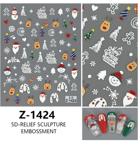 Darrahopens Occasions > Christmas > Christmas Decorations 4PCS 5D Embossed Christmas Nail Art Stickers - Santa, Snowman, Reindeer & Snowflake Designs for Festive Manicures(Z-1424)