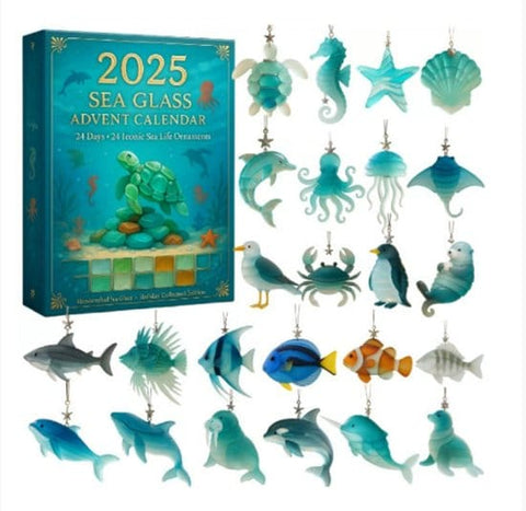 Darrahopens Occasions > Christmas > Christmas Decorations Advent Calendar 2025 - Ocean Creatures Glass Advent Calendar - Includes 24 unique, handcrafted 2D ocean-themed ornaments - cute and realistic sea creature Christmas decorations