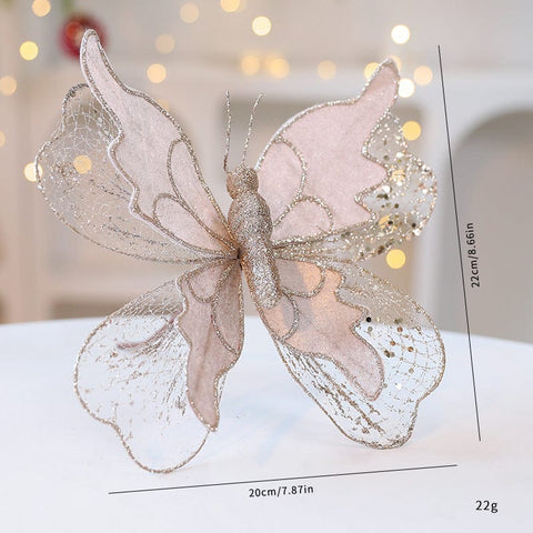 Darrahopens Occasions > Christmas > Christmas Decorations Champagne Gold Large Glitter Butterfly Christmas Ornaments (Set of 2) - Clip-On Decorations for Trees & Wreaths