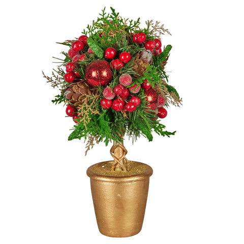 Darrahopens Occasions > Christmas > Christmas Decorations Christabelle 36cm Christmas Tabletop Topiary Tree Pre-Decorated Berries, Baubles & Pine Cones Gold Pot Twisted Stem Festive Decoration