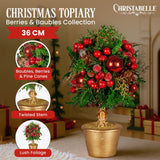 Darrahopens Occasions > Christmas > Christmas Decorations Christabelle 36cm Christmas Tabletop Topiary Tree Pre-Decorated Berries, Baubles & Pine Cones Gold Pot Twisted Stem Festive Decoration
