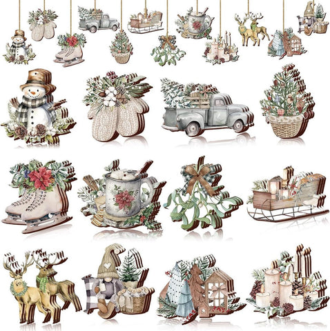 Darrahopens Occasions > Christmas > Christmas Decorations Christmas tree decorations (12 pieces) - Indoor Christmas decorations - Wooden Christmas tree decorations - Snowman - Sleigh - Reindeer set - Christmas decorations - Christmas decorations - Style A