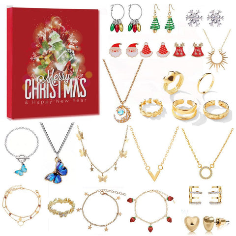Darrahopens Occasions > Christmas > Christmas Decorations Santa Claus Edition Christmas Jewellery Advent Calendar 24 Day Countdown Blind Box Set Includes Earrings Rings Necklaces and Bracelets Festive Gift for Her