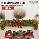 Darrahopens Occasions > Christmas > Christmas Wreaths & Garlands Christabelle 185cm Christmas Garland Lush Green Holiday Garland with Red Berries, Baubles & Pine Cones Pre-Decorated Festive Shelf or Banister Decoration