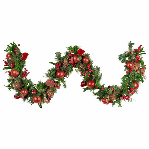 Darrahopens Occasions > Christmas > Christmas Wreaths & Garlands Christabelle 185cm Christmas Garland Lush Green Holiday Garland with Red Berries, Baubles & Pine Cones Pre-Decorated Festive Shelf or Banister Decoration