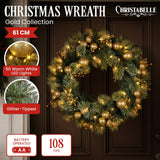 Darrahopens Occasions > Christmas > Christmas Wreaths & Garlands Christabelle 61cm Christmas Wreath Battery-operated Warm White Light Gold Bauble