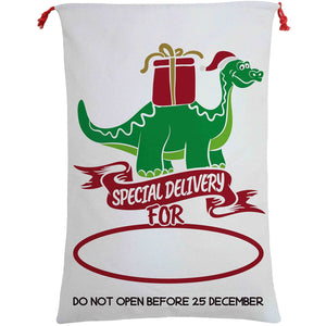 Darrahopens Occasions > Christmas Large Christmas XMAS Hessian Santa Sack Stocking Bag Reindeer Children Gifts Bag, Special Delivery By Dinosaur