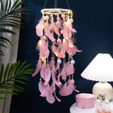 Darrahopens Occasions > Christmas > Outdoor Decorations & Lights Pink Boho Pom Pom Feather Dreamcatcher - Whimsical Hanging Mobile for Girls Bedroom & Nursery Decor