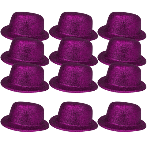 Darrahopens Occasions > Costumes > Costumes & Accessories 12x GLITTER BOWLER HAT Fancy Party Plastic Costume Cap Fun Dress Up Sparkle BULK - Purple