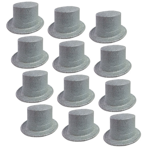 Darrahopens Occasions > Costumes > Costumes & Accessories 12x GLITTER TOP HAT Fancy Party Plastic Costume Tall Cap Fun Dress Up BULK - Silver