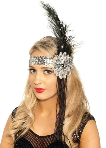 Darrahopens Occasions > Costumes > Costumes & Accessories 1920s Deluxe Flapper Headband in Black and Silver