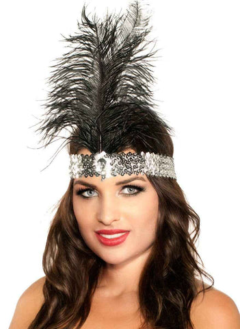 Darrahopens Occasions > Costumes > Costumes & Accessories 1920s Silver Sequin Flapper Headband with Black Feather