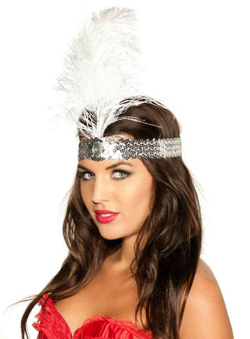 Darrahopens Occasions > Costumes > Costumes & Accessories 1920s Silver Sequin Flapper Headband with White Feather