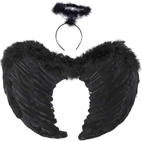 Darrahopens Occasions > Costumes > Costumes & Accessories Angel Wings, Black, Angel Costume for Women, with Halo and Black Wings, for Girls, Feather Wings Fallen Angel Wings - Black-45 cm