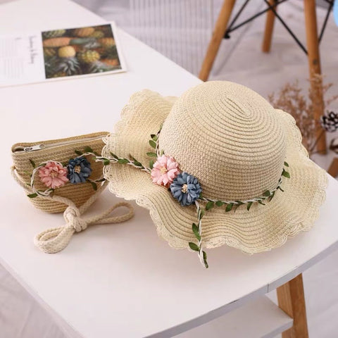 Darrahopens Occasions > Costumes > Costumes & Accessories Beige Girls Summer Princess Straw Straw Hat and Matching Purse Set - Breathable Floral Wide Brim Sun Protection Sun Hat
