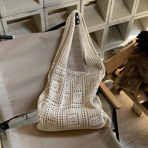 Darrahopens Occasions > Costumes > Costumes & Accessories Beige square Bohemian Knit Shoulder Bag - Hand-Woven Crochet Tote for Women