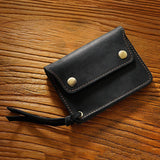 Darrahopens Occasions > Costumes > Costumes & Accessories Black Handmade Crazy Horse Leather Wallet Vintage Coin Purse Zipper Card Holder with Strap Snap Closure Top Layer Cowhide 12cm