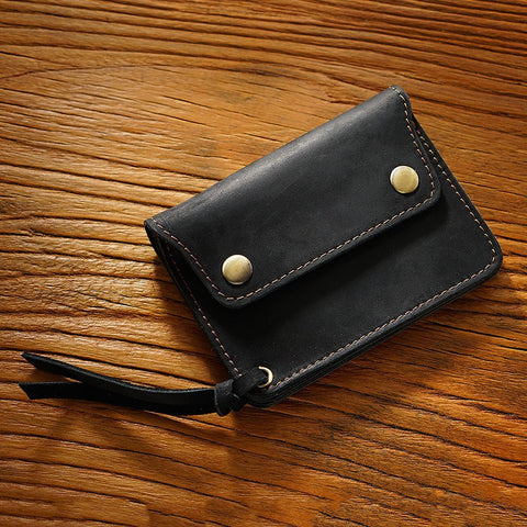 Darrahopens Occasions > Costumes > Costumes & Accessories Black Handmade Crazy Horse Leather Wallet Vintage Coin Purse Zipper Card Holder with Strap Snap Closure Top Layer Cowhide 12cm