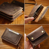 Darrahopens Occasions > Costumes > Costumes & Accessories Black Handmade Crazy Horse Leather Wallet Vintage Coin Purse Zipper Card Holder with Strap Snap Closure Top Layer Cowhide 12cm