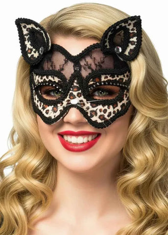 Darrahopens Occasions > Costumes > Costumes & Accessories Black Lace and Leopard Print Velvet Luxury Cat Face Masquerade Mask