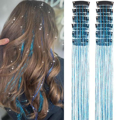 Darrahopens Occasions > Costumes > Costumes & Accessories Blue Laser Iridescent Hair Extensions – 12-Piece Clip-In Highlight Strands (High-Temperature Fiber)