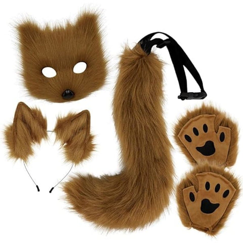 Darrahopens Occasions > Costumes > Costumes & Accessories Brown Fox Cosplay Set with Cat Ears, Tail, Paw Gloves for Halloween Costume High Quality Brown