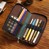 Darrahopens Occasions > Costumes > Costumes & Accessories Brown Genuine Crazy Horse Leather Fountain Pen Case Zippered Organiser Pouch with 5 Elastic Loops & Mesh Pocket Vintage Stationery Holder