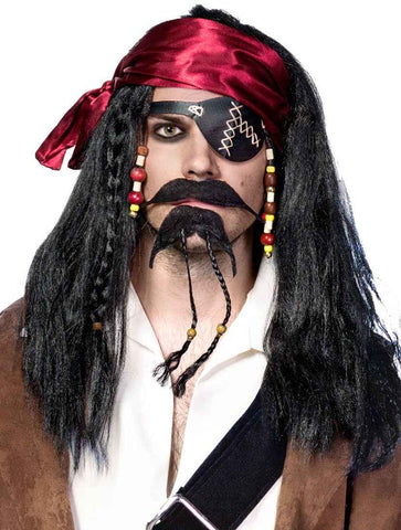 Darrahopens Occasions > Costumes > Costumes & Accessories Caribbean Pirate Mens Long Black Wig and Head Scarf