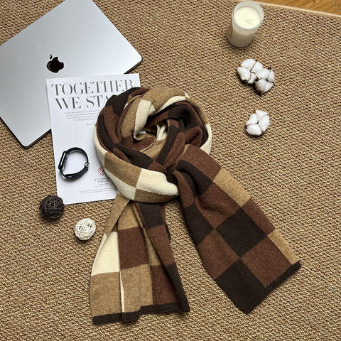 Darrahopens Occasions > Costumes > Costumes & Accessories Coffee,Brown And Beige Unisex Retro Checkered Knit Scarf - Soft Thick Winter Shawl Wrap