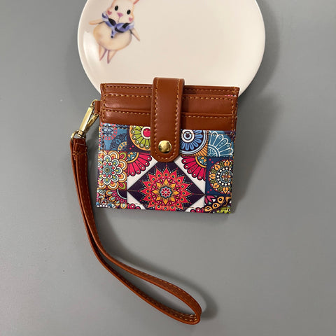 Darrahopens Occasions > Costumes > Costumes & Accessories Colorful Ethnic Mandala Pattern PU Leather Mini Card Holder with Wrist Strap and Buckle - Slim High-End Multi-Slot Card Sleeve for Daily Use