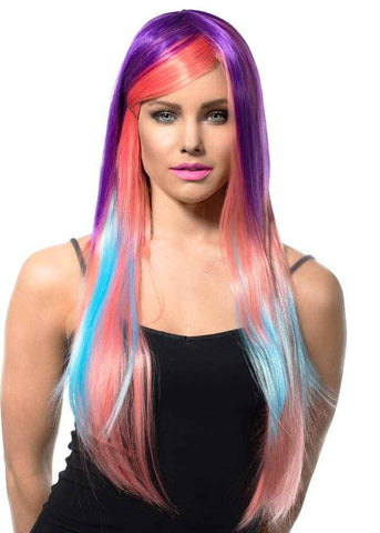 Darrahopens Occasions > Costumes > Costumes & Accessories Deluxe Long Purple Pink and Blue Womens Costume Wig