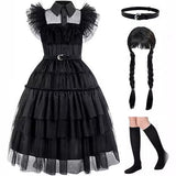 Darrahopens Occasions > Costumes > Costumes & Accessories Girl's dress cosplay Wednesday Brigitte princess dress lace details puff sleeves children Wednesday 4 pcs 150 Wednesday 4pcs 150